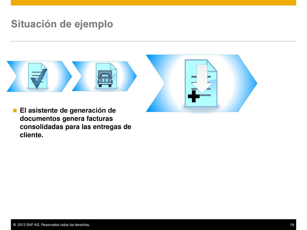 Situación de ejemplo El asistente de generación de documentos genera facturas consolidadas para las entregas de cliente.