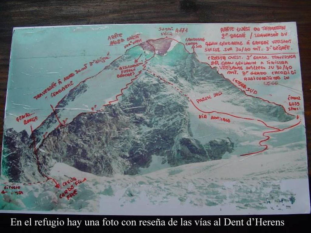 En el refugio hay una foto con reseña de las vías al Dent d’Herens