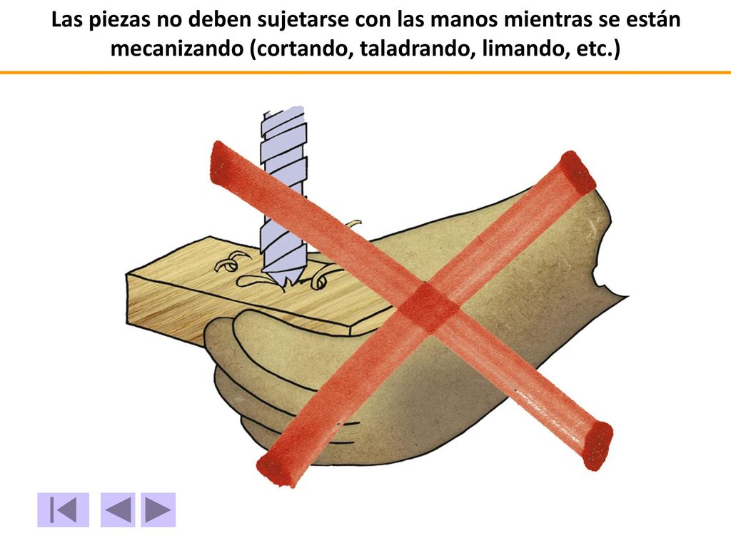 Las piezas no deben sujetarse con las manos mientras se están mecanizando (cortando, taladrando, limando, etc.)