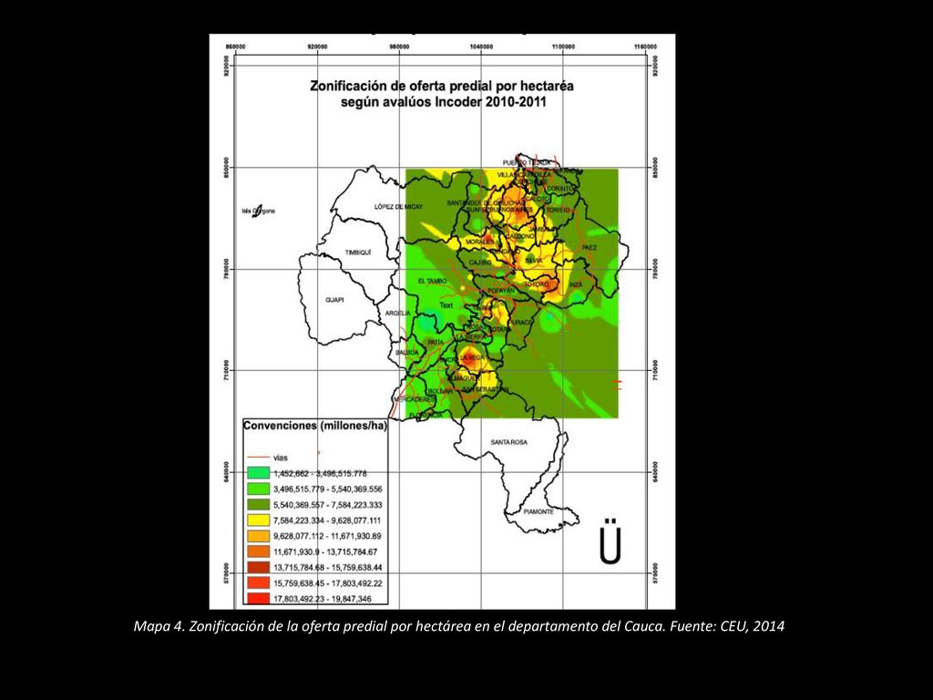 Mapa 4. Zonificación de la oferta predial por hectárea en el departamento del Cauca.