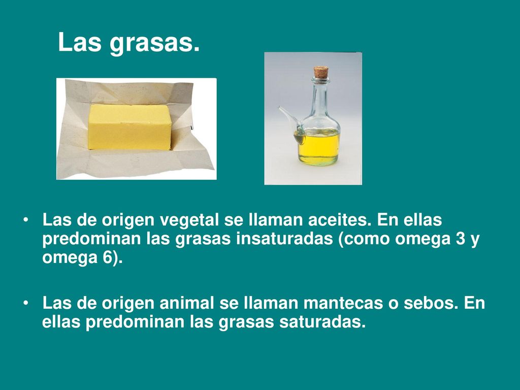 Las grasas. Las de origen vegetal se llaman aceites. En ellas predominan las grasas insaturadas (como omega 3 y omega 6).