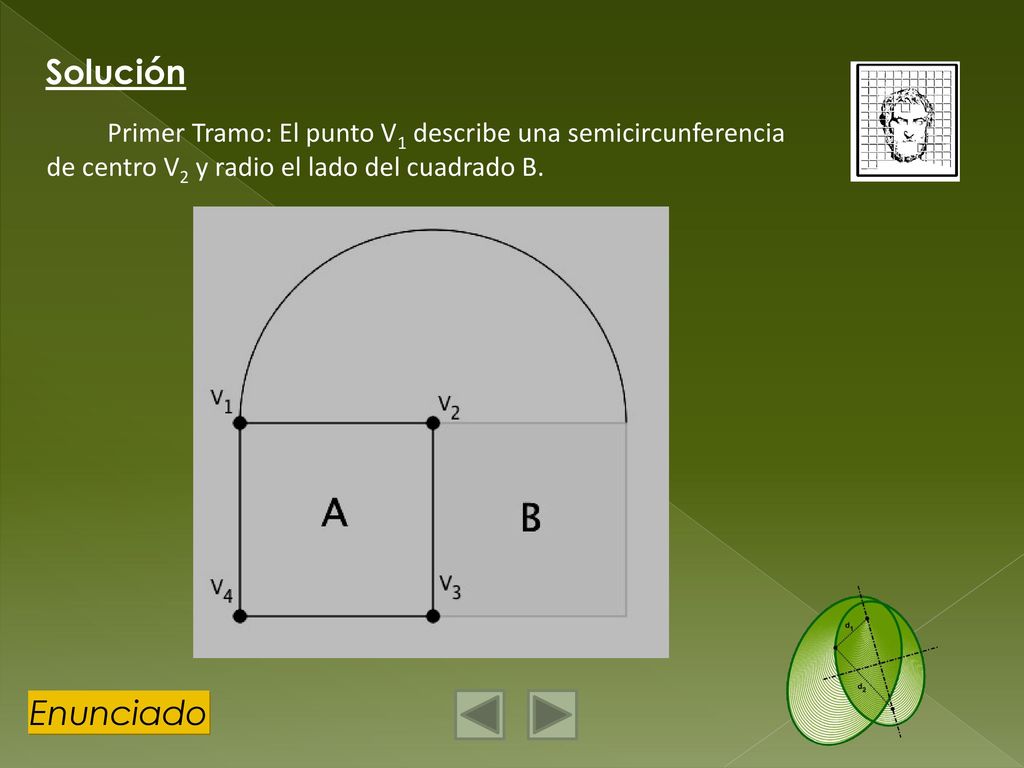 Solución Primer Tramo: El punto V1 describe una semicircunferencia de centro V2 y radio el lado del cuadrado B.
