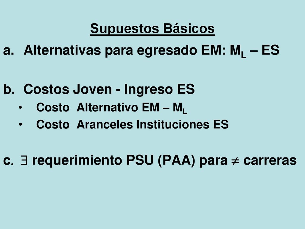 Alternativas para egresado EM: ML – ES Costos Joven - Ingreso ES