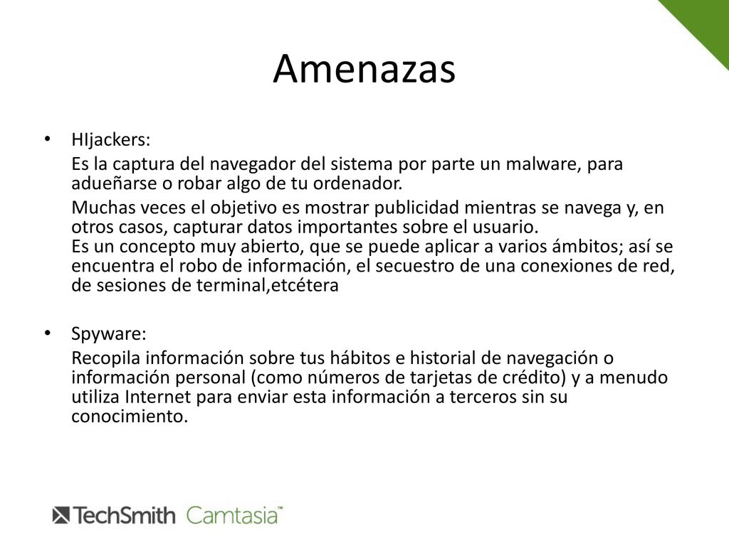 Amenazas HIjackers: Es la captura del navegador del sistema por parte un malware, para adueñarse o robar algo de tu ordenador.