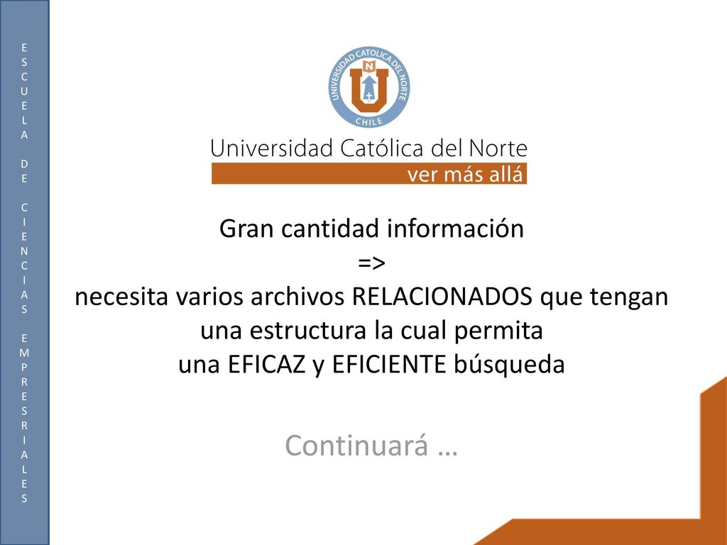 Gran cantidad información => necesita varios archivos RELACIONADOS que tengan una estructura la cual permita una EFICAZ y EFICIENTE búsqueda