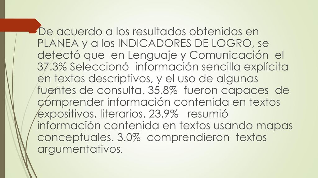 De acuerdo a los resultados obtenidos en PLANEA y a los INDICADORES DE LOGRO, se detectó que en Lenguaje y Comunicación el 37.3% Seleccionó información sencilla explícita en textos descriptivos, y el uso de algunas fuentes de consulta.