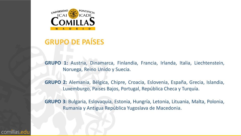 GRUPO DE PAÍSES GRUPO 1: Austria, Dinamarca, Finlandia, Francia, Irlanda, Italia, Liechtenstein, Noruega, Reino Unido y Suecia.