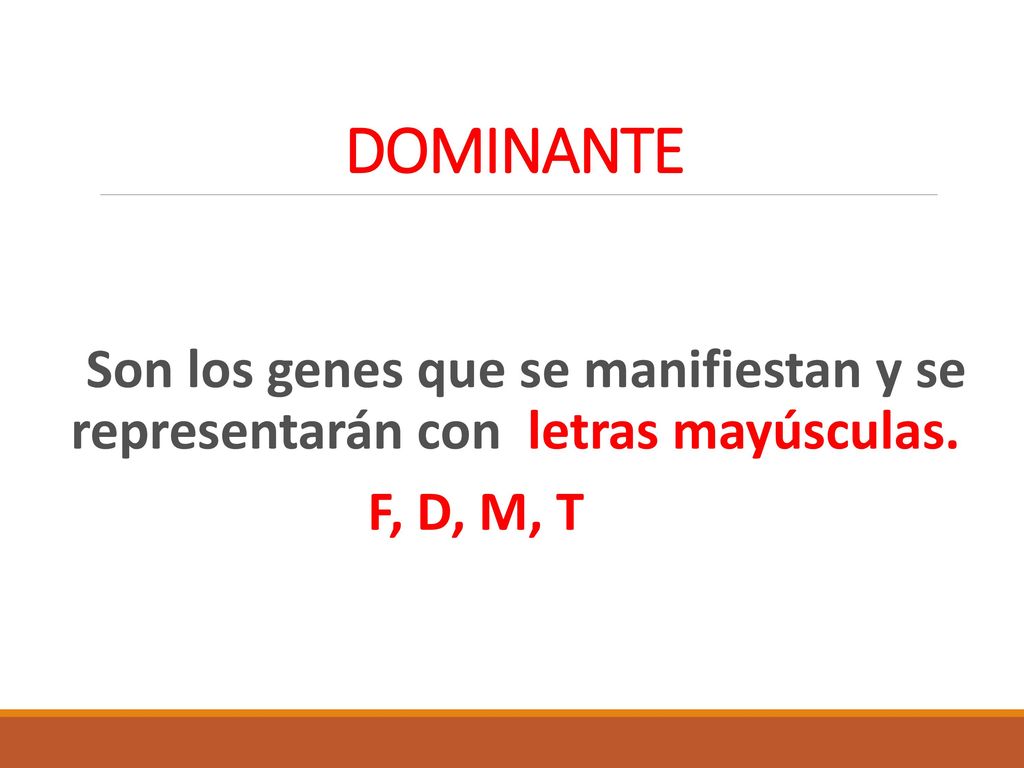 DOMINANTE Son los genes que se manifiestan y se representarán con letras mayúsculas. F, D, M, T