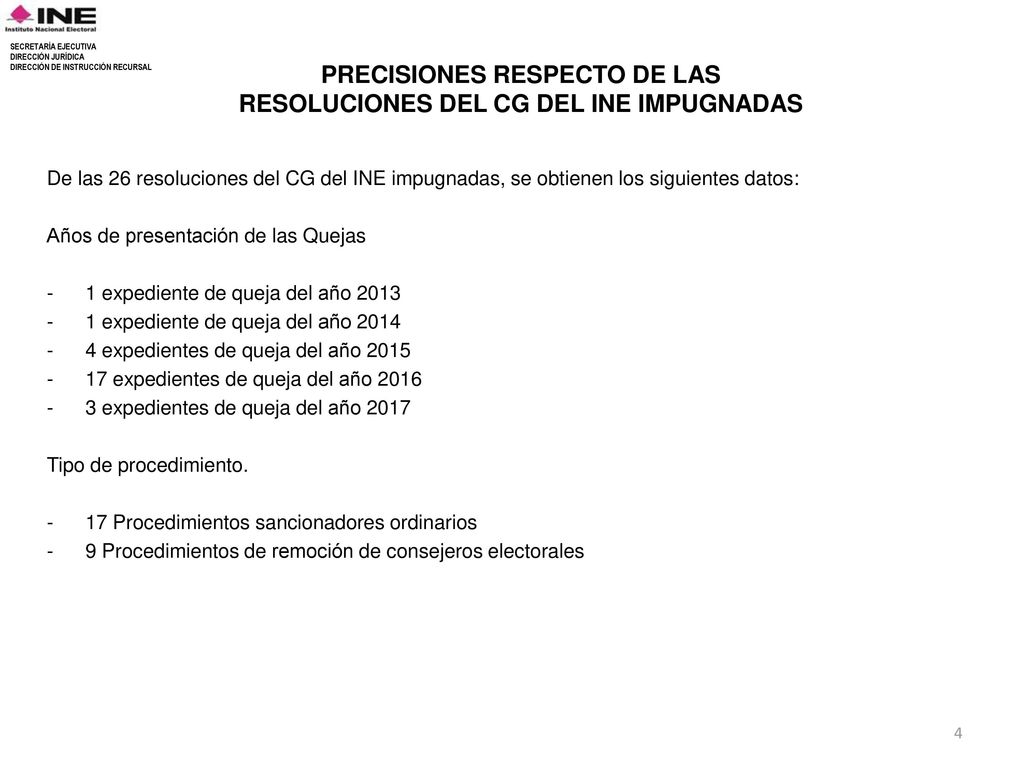 PRECISIONES RESPECTO DE LAS RESOLUCIONES DEL CG DEL INE IMPUGNADAS