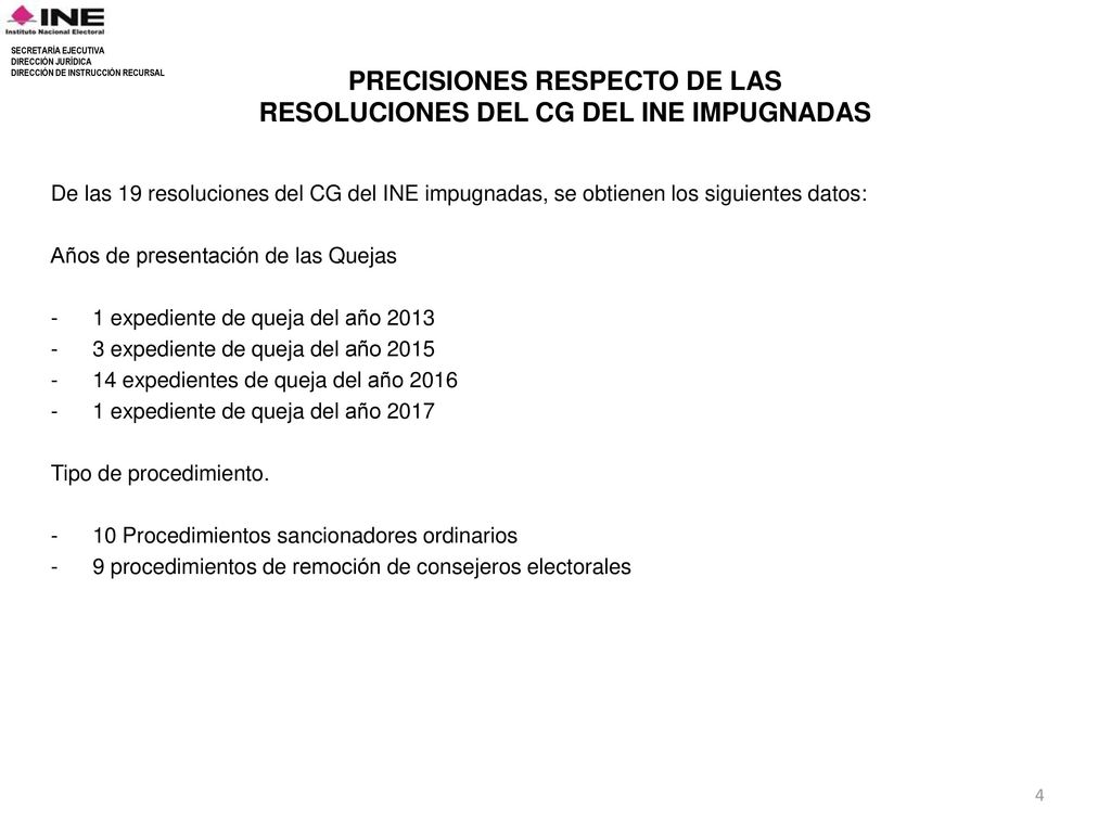 PRECISIONES RESPECTO DE LAS RESOLUCIONES DEL CG DEL INE IMPUGNADAS