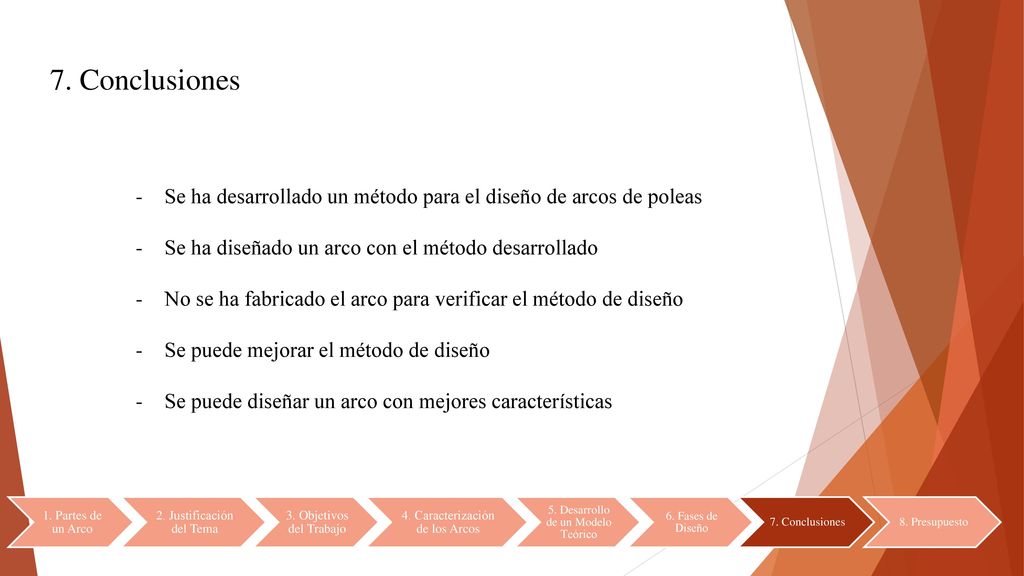 7. Conclusiones Se ha desarrollado un método para el diseño de arcos de poleas. Se ha diseñado un arco con el método desarrollado.