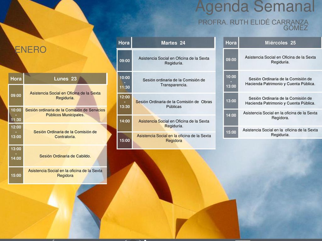 Agenda Semanal ENERO Cabildo Torreón PROFRA. RUTH ELIDÉ CARRANZA GÓMEZ