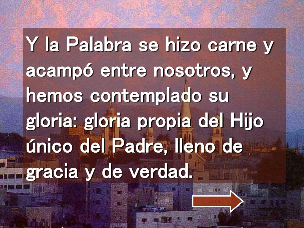 Y la Palabra se hizo carne y acampó entre nosotros, y hemos contemplado su gloria: gloria propia del Hijo único del Padre, lleno de gracia y de verdad.