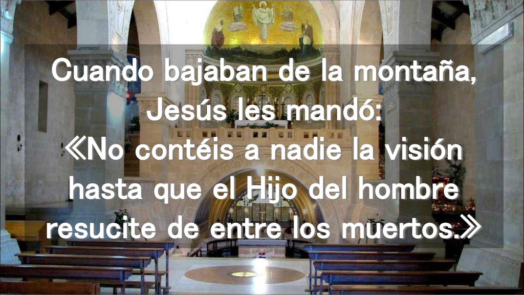 Cuando bajaban de la montaña, Jesús les mandó: «No contéis a nadie la visión hasta que el Hijo del hombre resucite de entre los muertos.»
