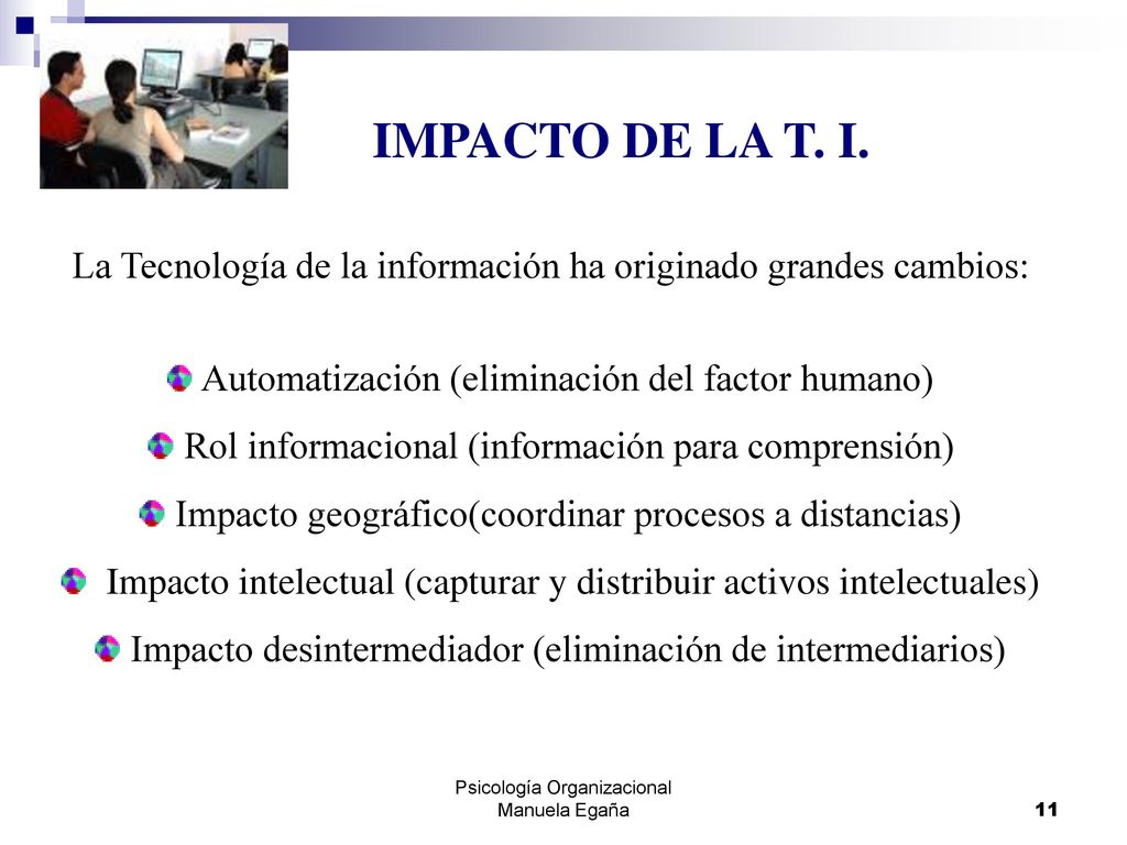 IMPACTO DE LA T. I. La Tecnología de la información ha originado grandes cambios: Automatización (eliminación del factor humano)