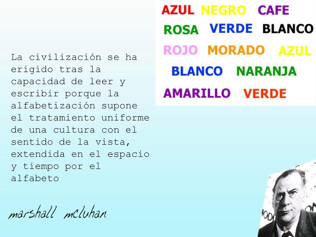 La civilización se ha erigido tras la capacidad de leer y escribir porque la alfabetización supone el tratamiento uniforme de una cultura con el sentido de la vista, extendida en el espacio y tiempo por el alfabeto