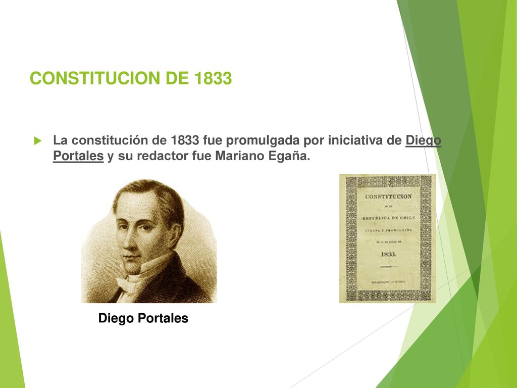 CONSTITUCION DE 1833 La constitución de 1833 fue promulgada por iniciativa de Diego Portales y su redactor fue Mariano Egaña.