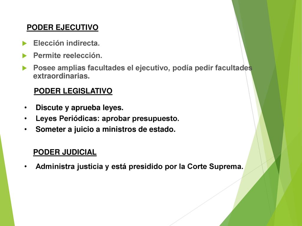 PODER EJECUTIVO Elección indirecta. Permite reelección. Posee amplias facultades el ejecutivo, podía pedir facultades extraordinarias.