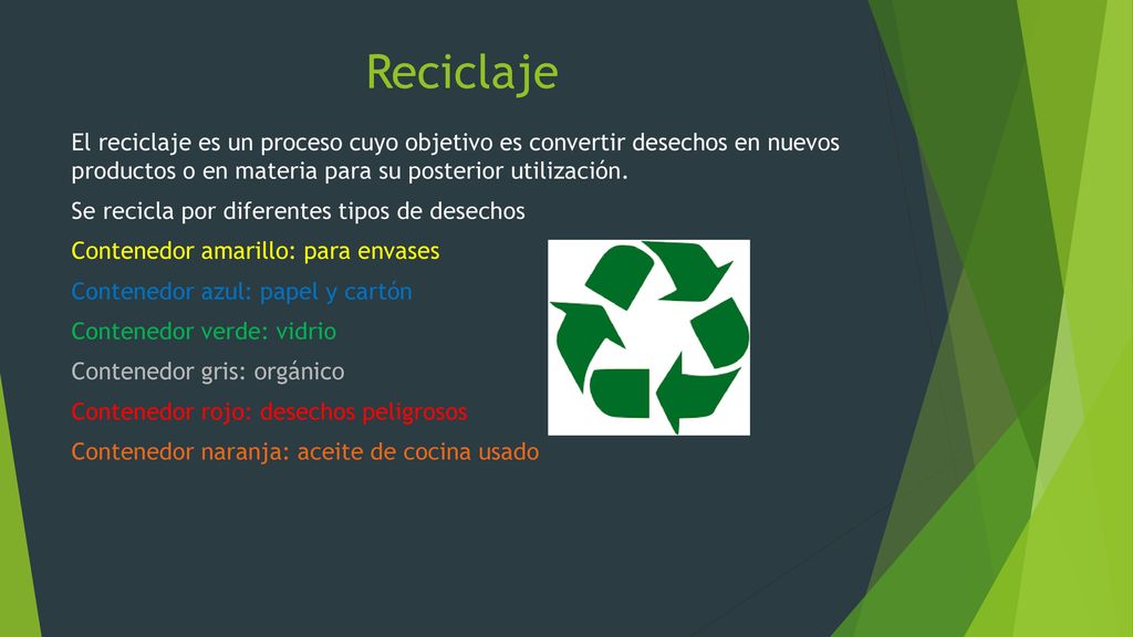Reciclaje El reciclaje es un proceso cuyo objetivo es convertir desechos en nuevos productos o en materia para su posterior utilización.