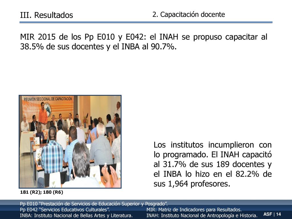 III. Resultados 2. Capacitación docente. MIR 2015 de los Pp E010 y E042: el INAH se propuso capacitar al 38.5% de sus docentes y el INBA al 90.7%.