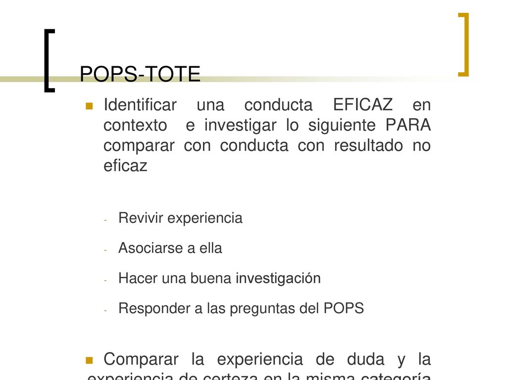 POPS-TOTE Identificar una conducta EFICAZ en contexto e investigar lo siguiente PARA comparar con conducta con resultado no eficaz.