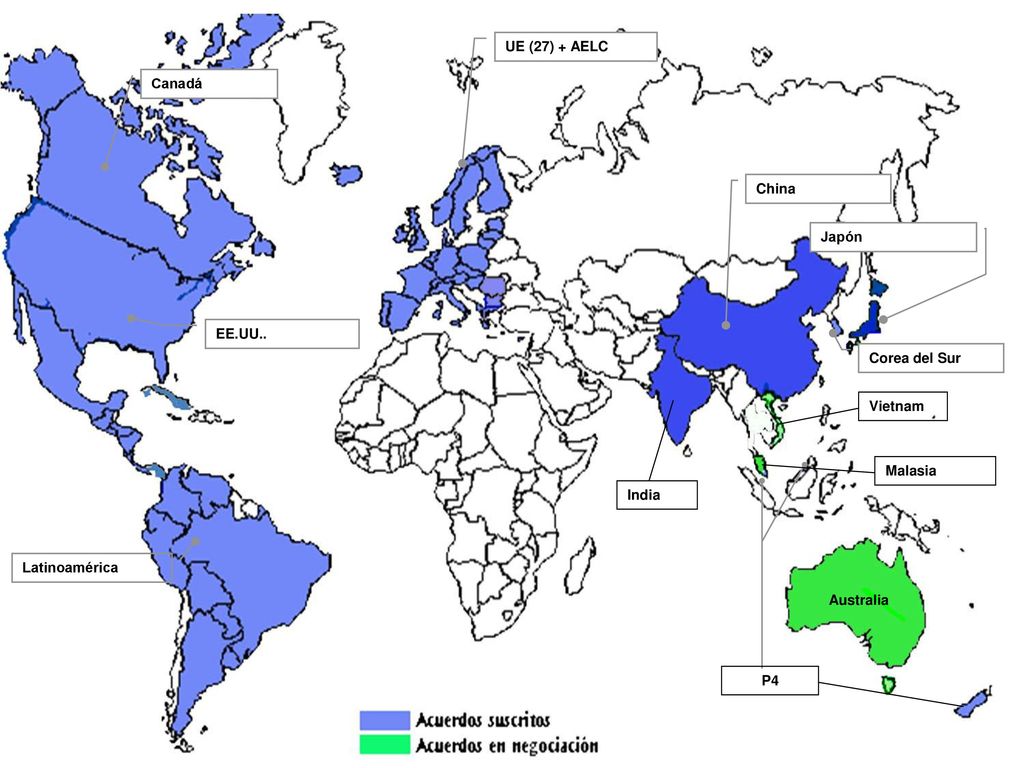 UE (27) + AELC Canadá. China. Japón. EE.UU.. Corea del Sur. Vietnam. Malasia. India. Latinoamérica.