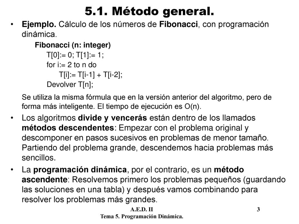 5.1. Método general. Ejemplo. Cálculo de los números de Fibonacci, con programación dinámica. Fibonacci (n: integer)
