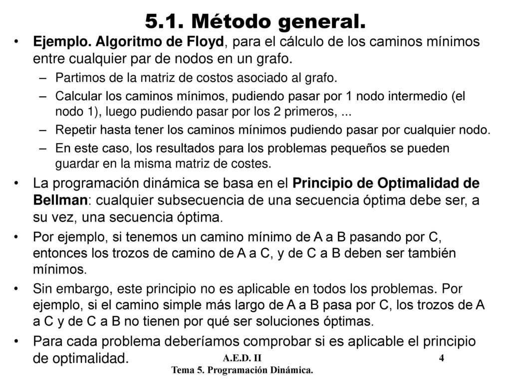 5.1. Método general. Ejemplo. Algoritmo de Floyd, para el cálculo de los caminos mínimos entre cualquier par de nodos en un grafo.