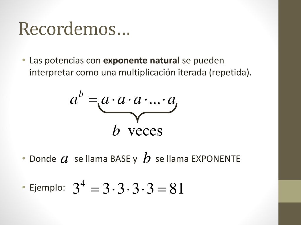 Recordemos… Las potencias con exponente natural se pueden interpretar como una multiplicación iterada (repetida).