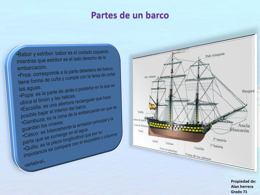 Partes de un barco Babor y estribor: babor es el costado izquierdo, mientras que estribor es el lado derecho de la embarcación.
