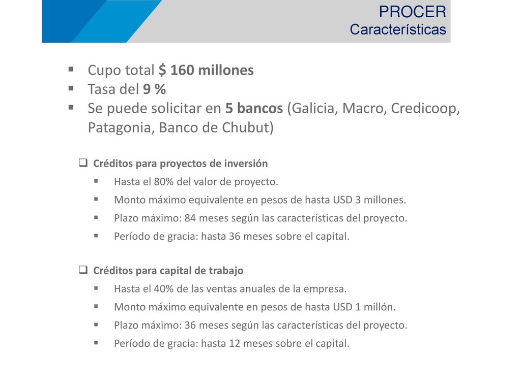 PROCER Cupo total $ 160 millones Tasa del 9 %