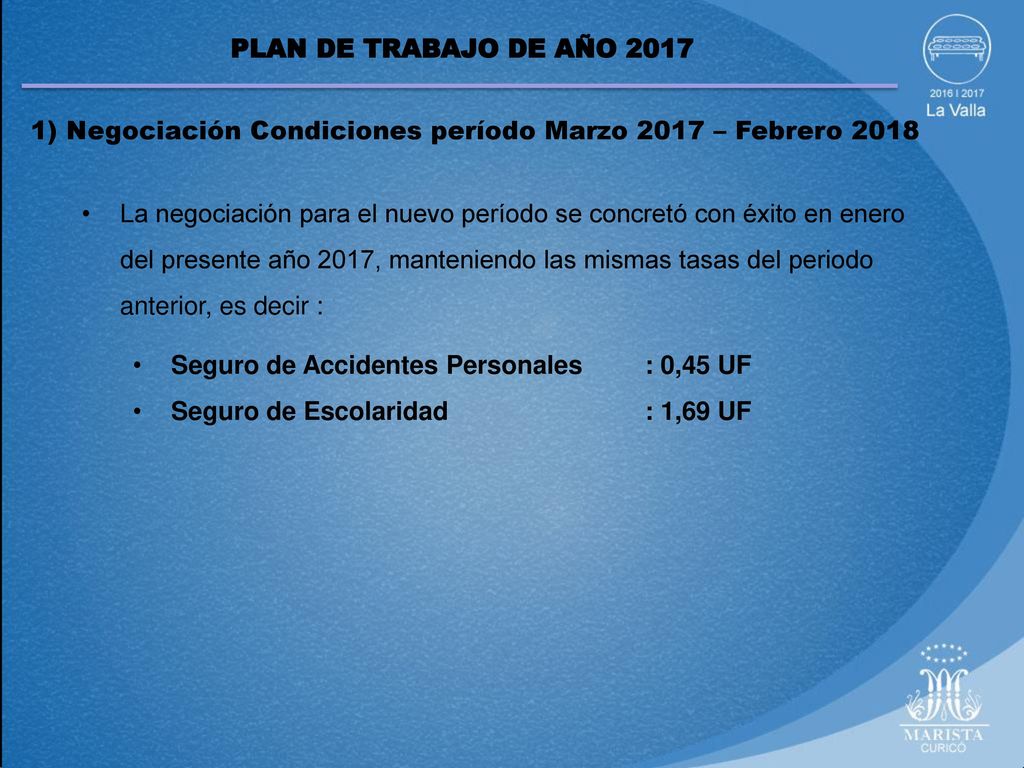 PLAN DE TRABAJO DE AÑO ) Negociación Condiciones período Marzo 2017 – Febrero