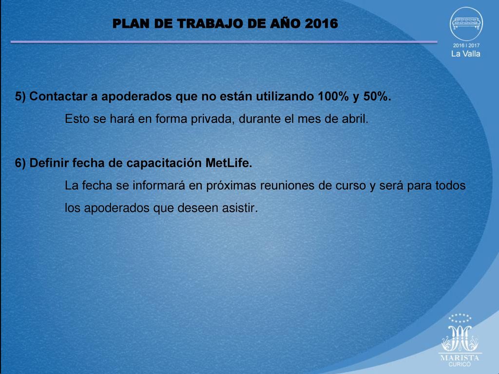 PLAN DE TRABAJO DE AÑO ) Contactar a apoderados que no están utilizando 100% y 50%. Esto se hará en forma privada, durante el mes de abril.