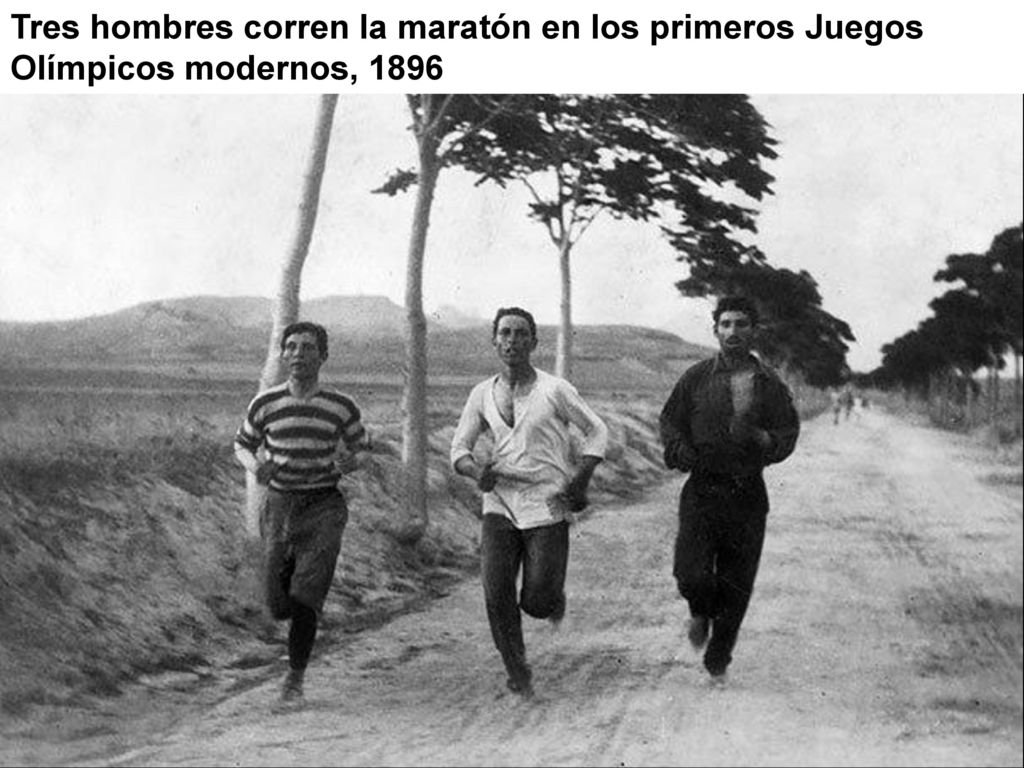 Tres hombres corren la maratón en los primeros Juegos Olímpicos modernos, 1896
