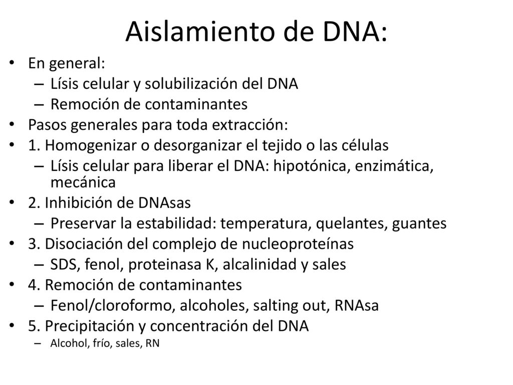 Aislamiento de DNA: En general: Lísis celular y solubilización del DNA