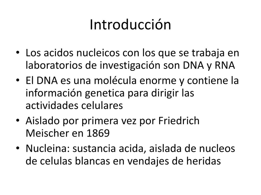 Introducción Los acidos nucleicos con los que se trabaja en laboratorios de investigación son DNA y RNA.