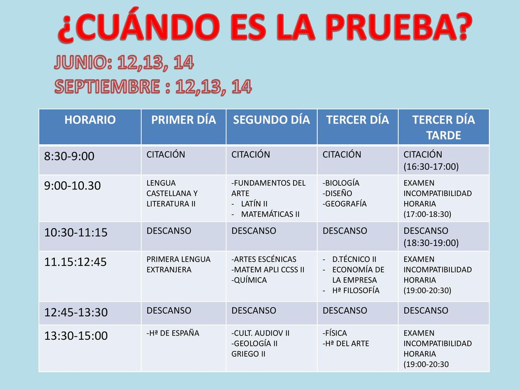 ¿CUÁNDO ES LA PRUEBA JUNIO: 12,13, 14 SEPTIEMBRE : 12,13, 14 HORARIO