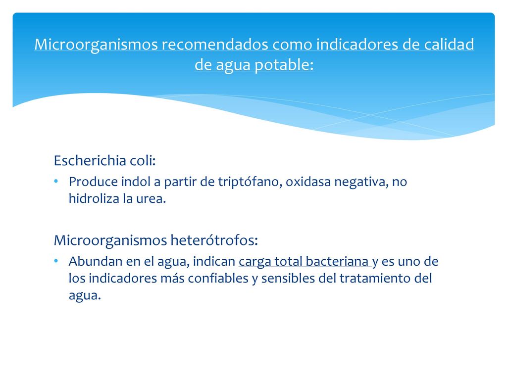 Microorganismos recomendados como indicadores de calidad de agua potable: