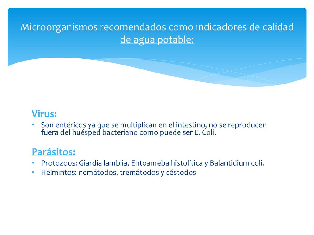 Microorganismos recomendados como indicadores de calidad de agua potable: