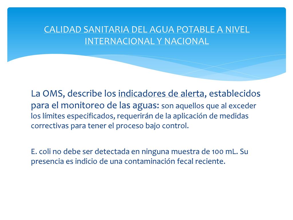 CALIDAD SANITARIA DEL AGUA POTABLE A NIVEL INTERNACIONAL Y NACIONAL