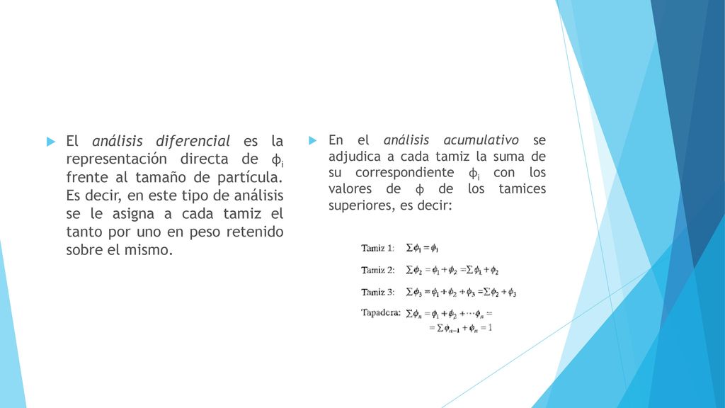 El análisis diferencial es la representación directa de ɸi frente al tamaño de partícula. Es decir, en este tipo de análisis se le asigna a cada tamiz el tanto por uno en peso retenido sobre el mismo.