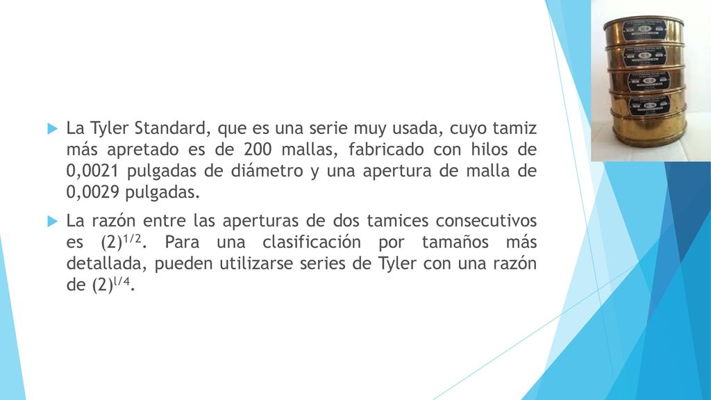 La Tyler Standard, que es una serie muy usada, cuyo tamiz más apretado es de 200 mallas, fabricado con hilos de 0,0021 pulgadas de diámetro y una apertura de malla de 0,0029 pulgadas.