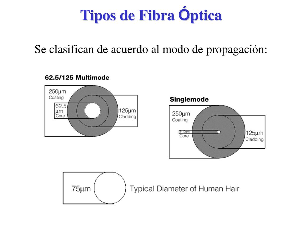 Tipos de Fibra Óptica Se clasifican de acuerdo al modo de propagación: