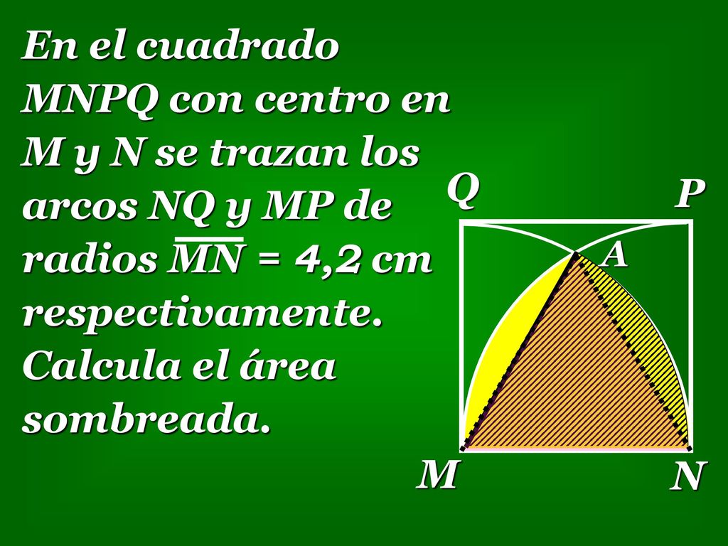 En el cuadrado MNPQ con centro en M y N se trazan los arcos NQ y MP de radios MN = 4,2 cm respectivamente. Calcula el área sombreada.