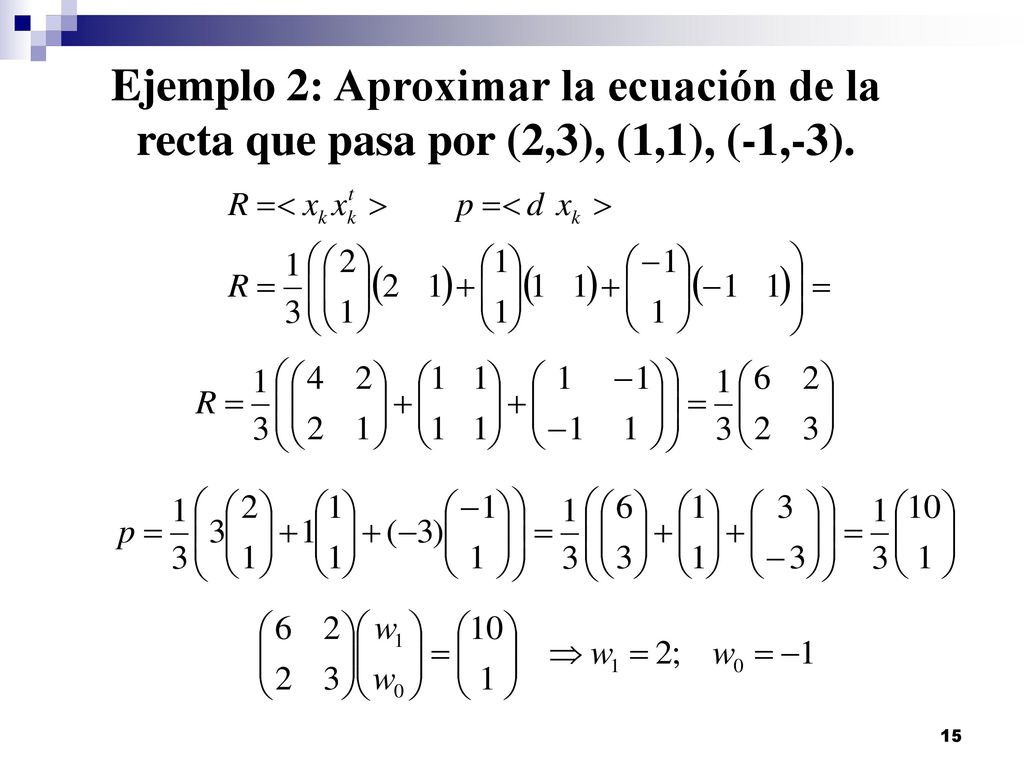 Ejemplo 2: Aproximar la ecuación de la recta que pasa por (2,3), (1,1), (-1,-3).