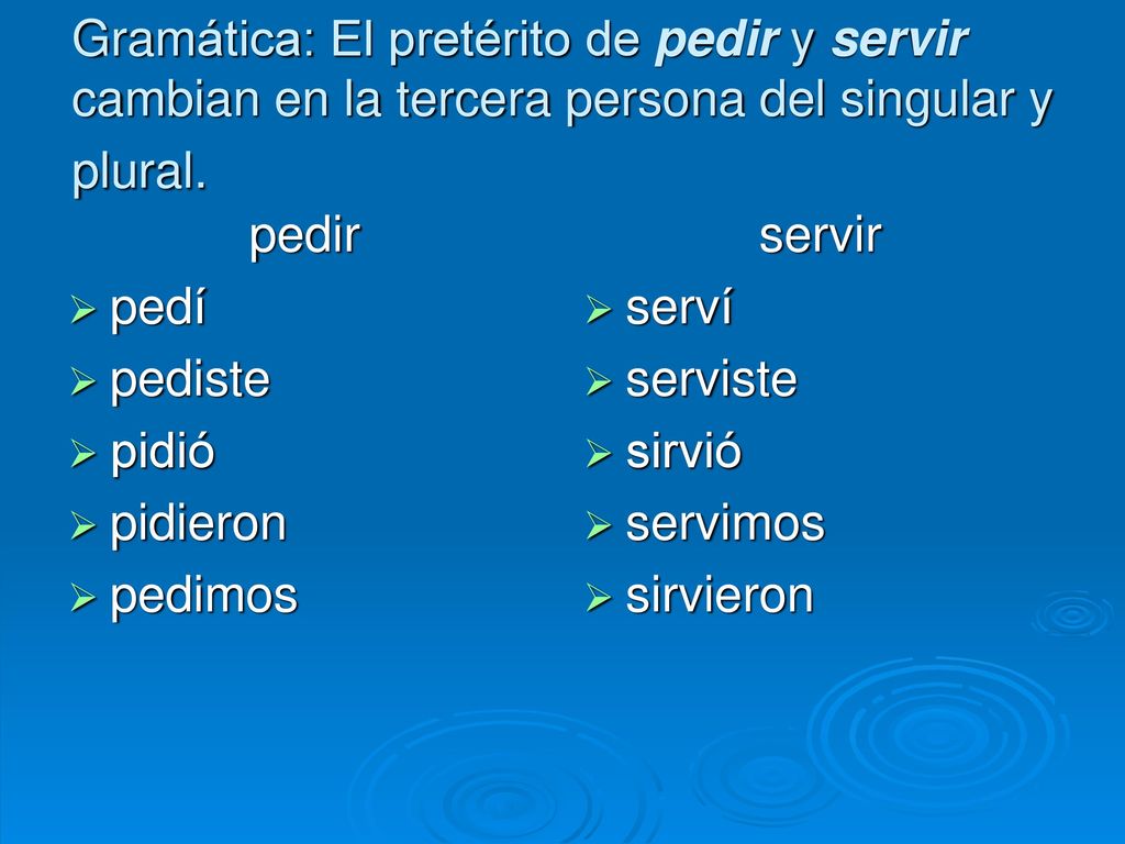 Gramática: El pretérito de pedir y servir cambian en la tercera persona del singular y plural.