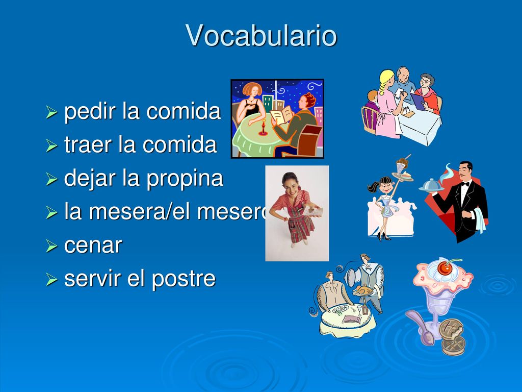 Vocabulario pedir la comida traer la comida dejar la propina