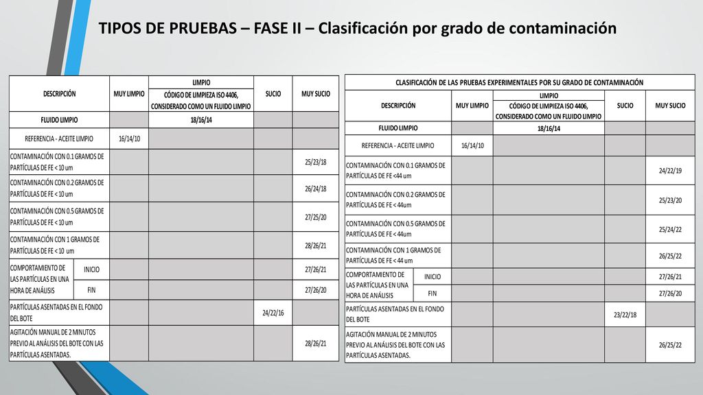 TIPOS DE PRUEBAS – FASE II – Clasificación por grado de contaminación