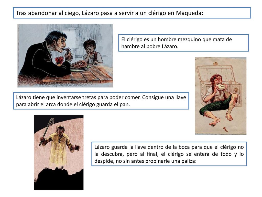 Tras abandonar al ciego, Lázaro pasa a servir a un clérigo en Maqueda: