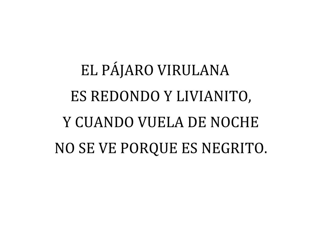 EL PÁJARO VIRULANA ES REDONDO Y LIVIANITO, Y CUANDO VUELA DE NOCHE NO SE VE PORQUE ES NEGRITO.